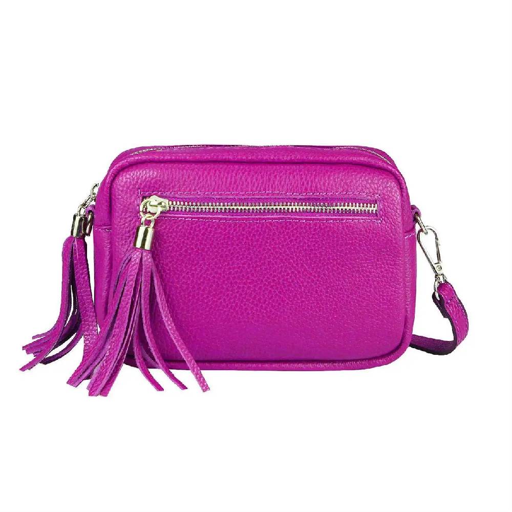 OBC Made in Italy DAMEN LEDER TASCHE Umhängetasche Schultertasche Beuteltasche Cross-Over Cross Bag Glattleder Schmucktasche Fransen Ledertasche Nur für heute