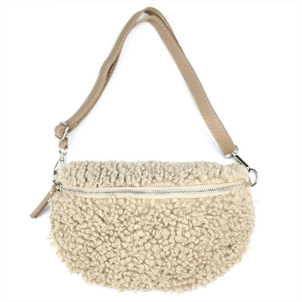 OBC Made in Italy Damen Teddyfell Tasche Leder Jeans Plüsch Bauchtasche Hüfttasche Schultertasche Bodybag Umhängetasche Crossbody Teddyplüsch Handytasche Crossbag Gürteltasche Rabatte dieses Monats