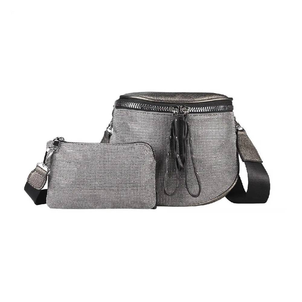 DAMEN TASCHEN SET 2in1 Schultertasche + Schmucktasche Strasssteine Umhängetasche Crossbody Crossover Leder Optik Handtasche Metallic Shopper im Angebot