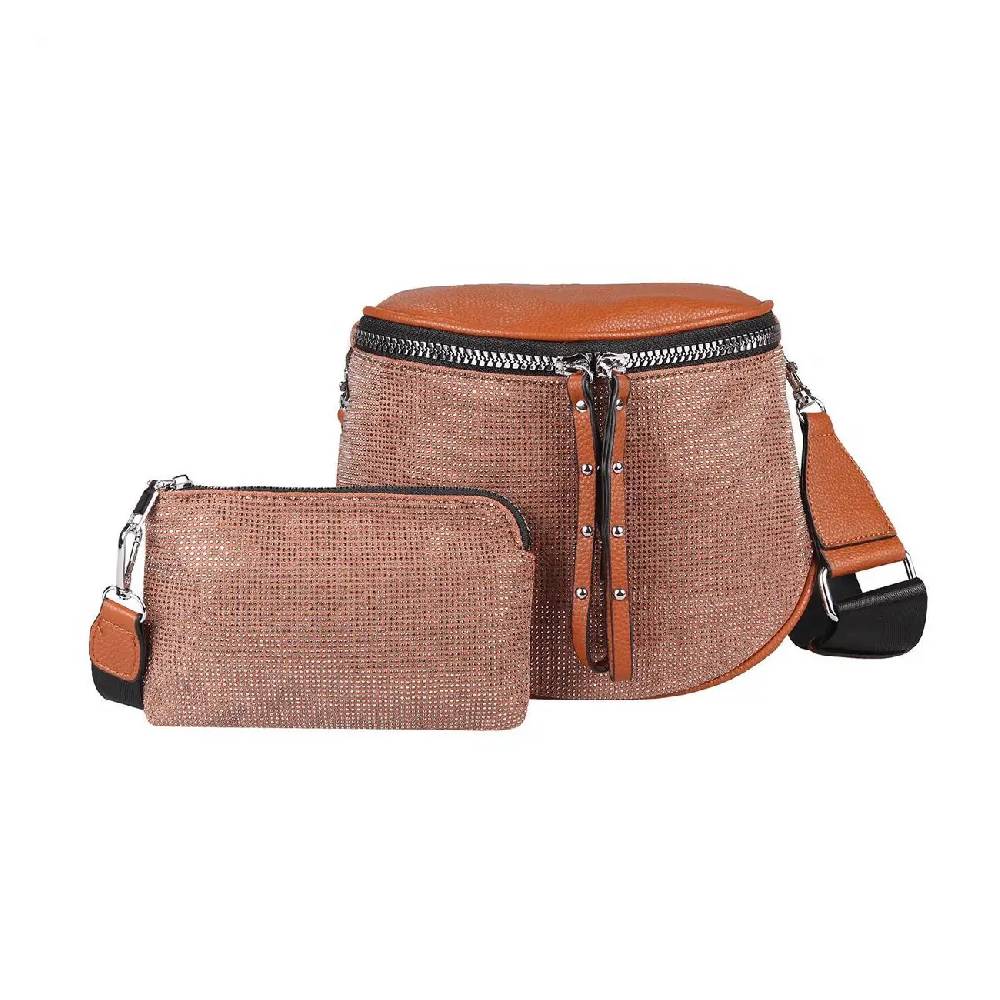 DAMEN TASCHEN SET 2in1 Schultertasche + Schmucktasche Strasssteine Umhängetasche Crossbody Crossover Leder Optik Handtasche Metallic Shopper im Angebot