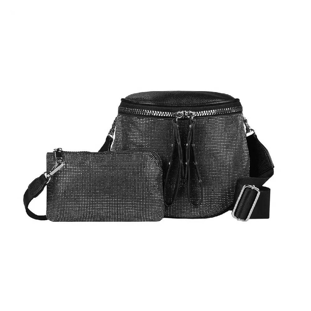DAMEN TASCHEN SET 2in1 Schultertasche + Schmucktasche Strasssteine Umhängetasche Crossbody Crossover Leder Optik Handtasche Metallic Shopper im Angebot