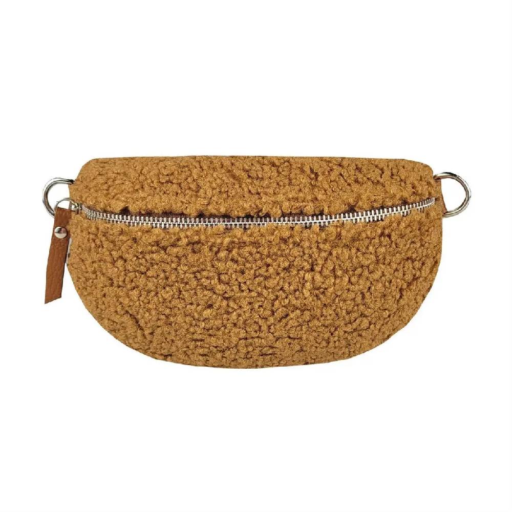 Made in Italy DAMEN LEDER Gürteltasche Crossbody Teddyfell Bauchtasche Hüfttasche Kunstfell Umhängetasche Brusttasche CrossOver Bodybag Schultertasche Teddy Pelz Fell Plüsch Meist gekauft