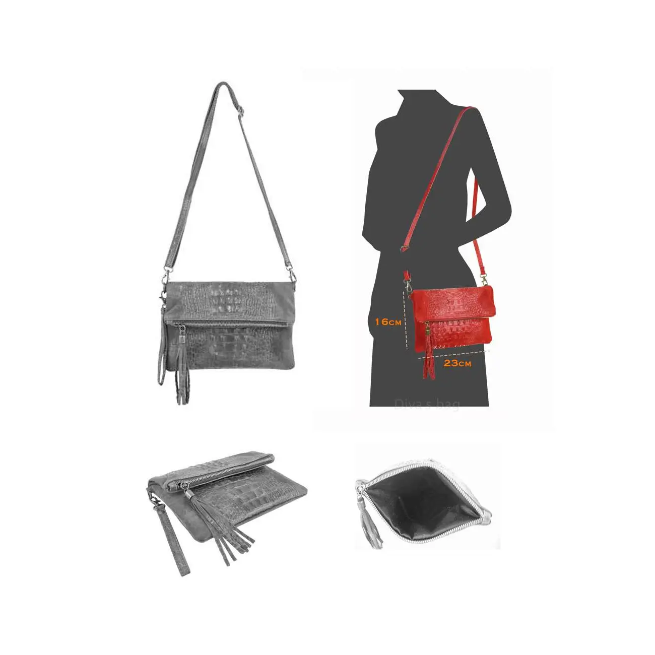 OBC Made in Italy DAMEN echt LEDER Clutch TASCHE Kroko Wildleder Handtasche Umhängetasche Ledertasche Schultertasche Fransen Cross-Over Fabrik Onlineshop