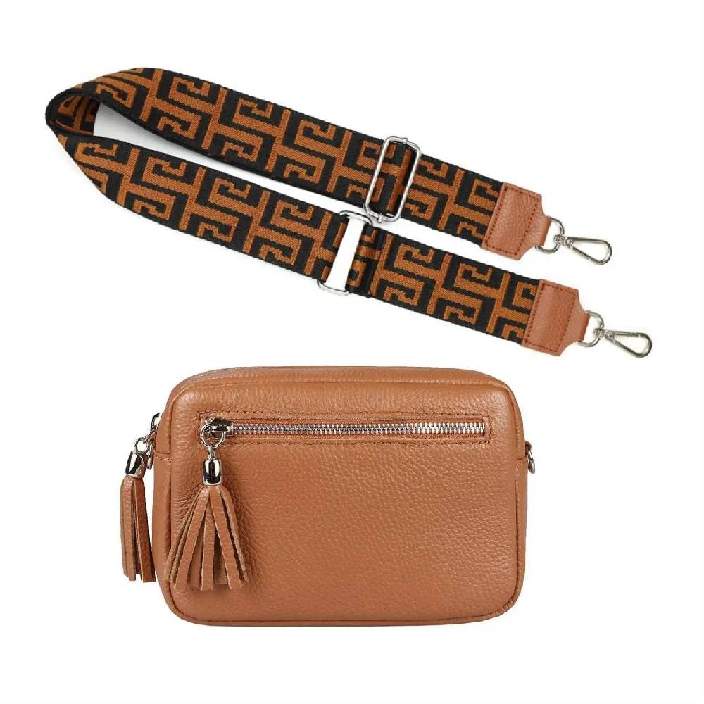 OBC Made in Italy DAMEN LEDER TASCHE mit extra breitem Zusatz Tragegurt Umhängetasche Schultertasche Beuteltasche Cross-Over Cross Bag Glattleder Schmucktasche Fransen Ledertasche Hotsell