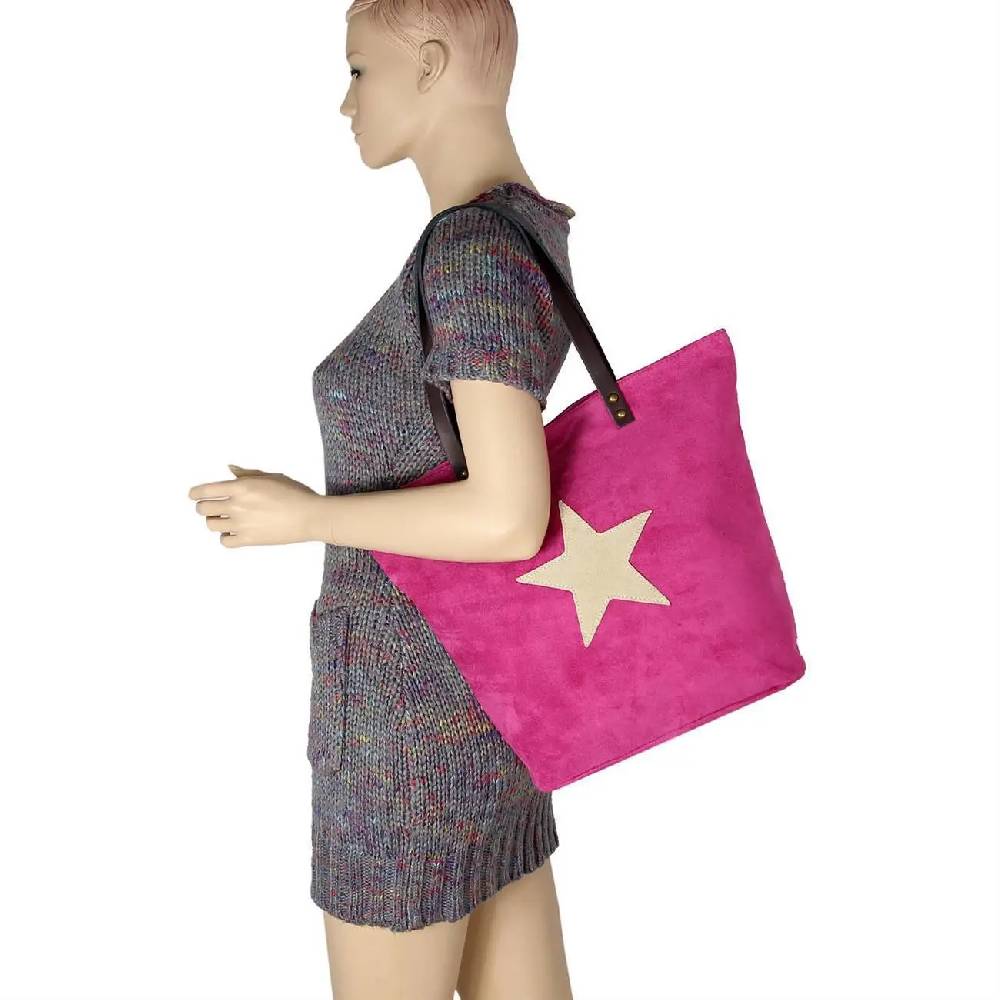 OBC Made in Italy Damen Tasche Leder Velourleder Wildleder Stern Shopper Schultertasche Umhängetasche Räumungsverkauf
