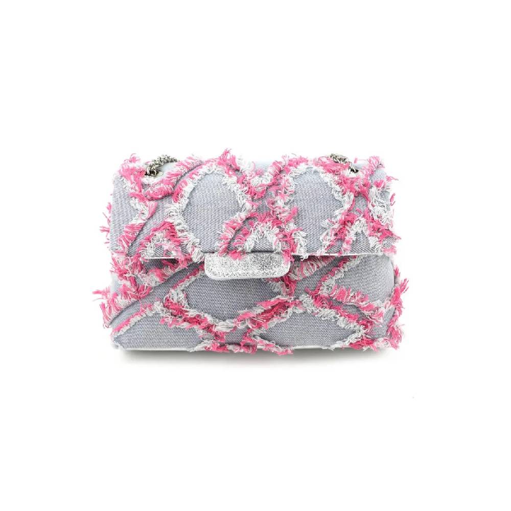 OBC MADE IN ITALY Damen Vintage Jeans Denim Leder Tasche Kettengriff Umhängetasche Clutch Jeanstasche Schultertasche Umhängetasche gesteppte Used Look Cross Over Body Bag Auslauf