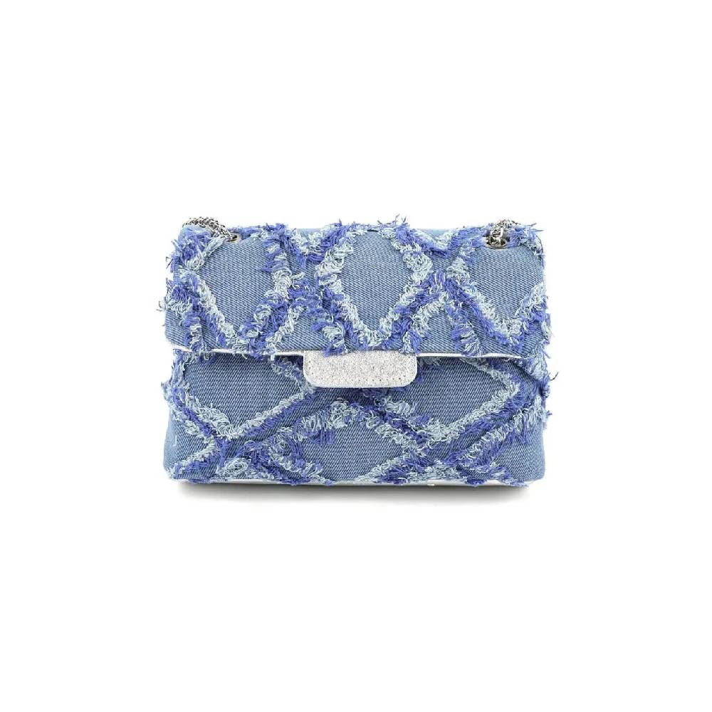 OBC MADE IN ITALY Damen Vintage Jeans Denim Leder Tasche Kettengriff Umhängetasche Clutch Jeanstasche Schultertasche Umhängetasche gesteppte Used Look Cross Over Body Bag Auslauf