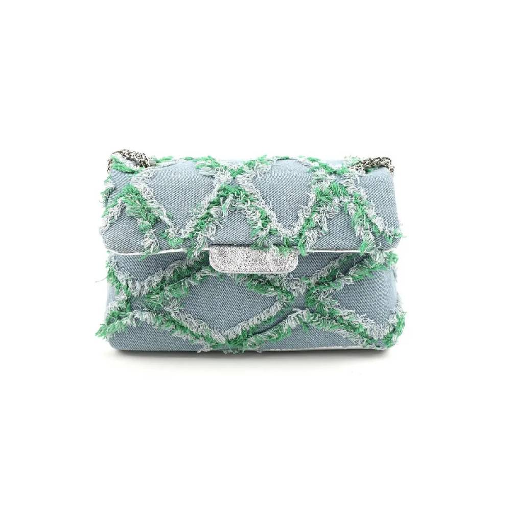 OBC MADE IN ITALY Damen Vintage Jeans Denim Leder Tasche Kettengriff Umhängetasche Clutch Jeanstasche Schultertasche Umhängetasche gesteppte Used Look Cross Over Body Bag Auslauf