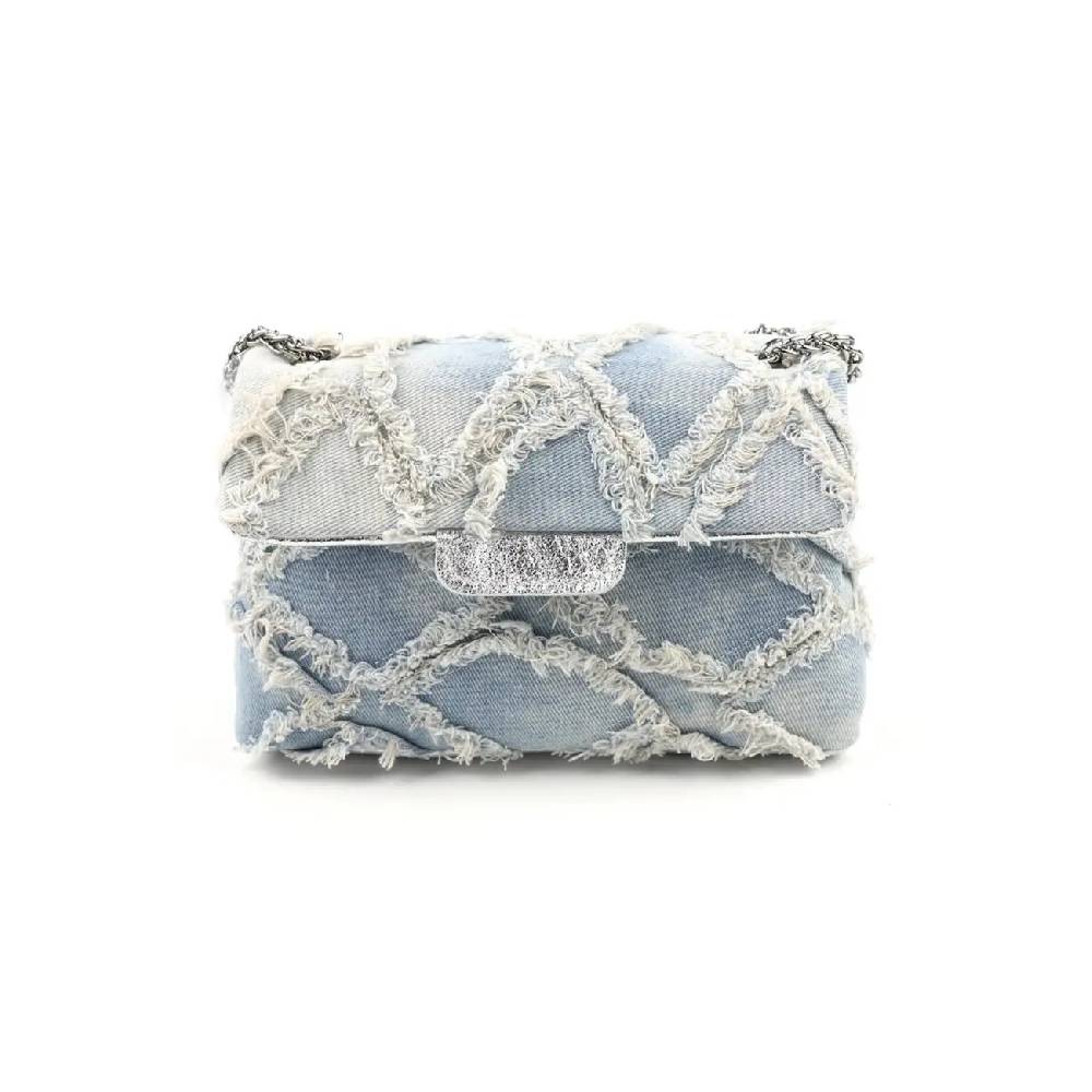 OBC MADE IN ITALY Damen Vintage Jeans Denim Leder Tasche Kettengriff Umhängetasche Clutch Jeanstasche Schultertasche Umhängetasche gesteppte Used Look Cross Over Body Bag Auslauf