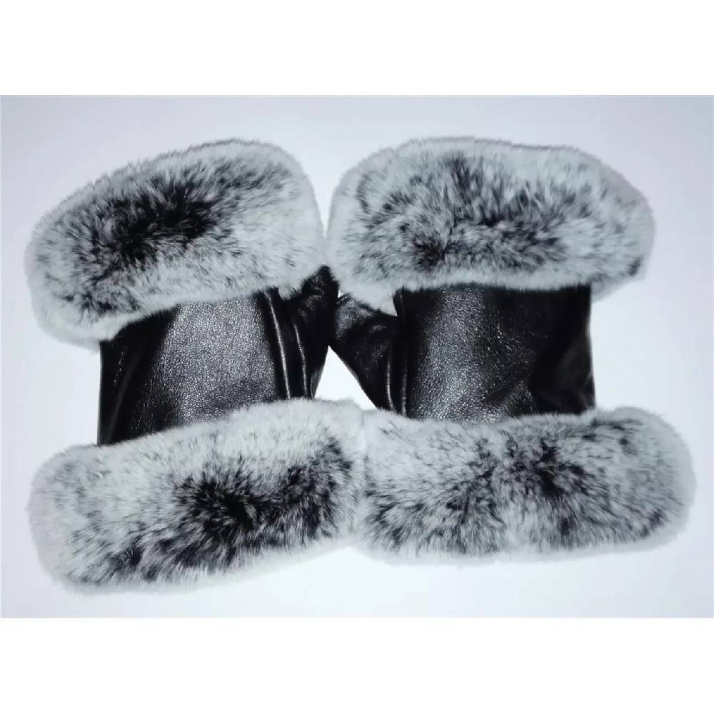 OBC DAMEN warme Handschuhe echt LEDER echt FELL Kaninfell Kaninchen Winter & Herbst Winterhandschuhe flauschig schwarz weiß grau XL Blitzverkäufe