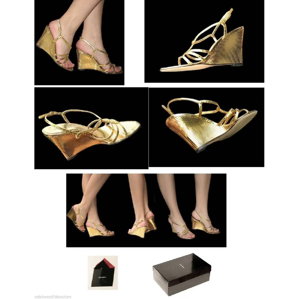 Dolce & Gabbana D&G HIGH HEELS Keil Sandalette Wedges Lederschuhe Schuhe Gold Limitierter Zeitrabatt
