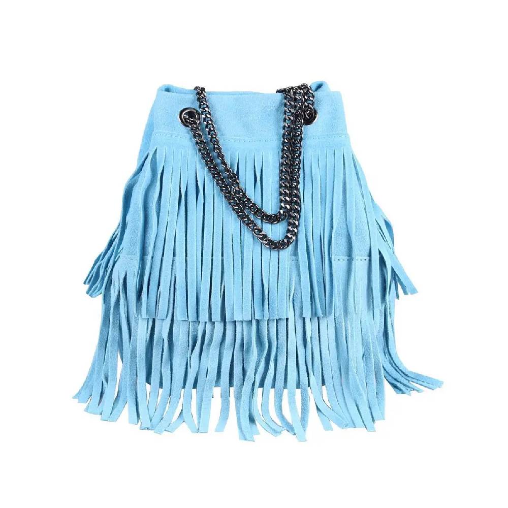 Made in Italy Damen Leder Tasche Fransen Shopper Kettentasche Beutel Wildleder Handtasche Umhängetasche Bucket Bag Schultertasche Ledertasche TR977 Heißer Verkauf