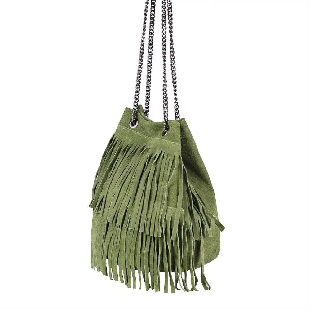 Made in Italy Damen Leder Tasche Fransen Shopper Kettentasche Beutel Wildleder Handtasche Umhängetasche Bucket Bag Schultertasche Ledertasche TR977 Heißer Verkauf