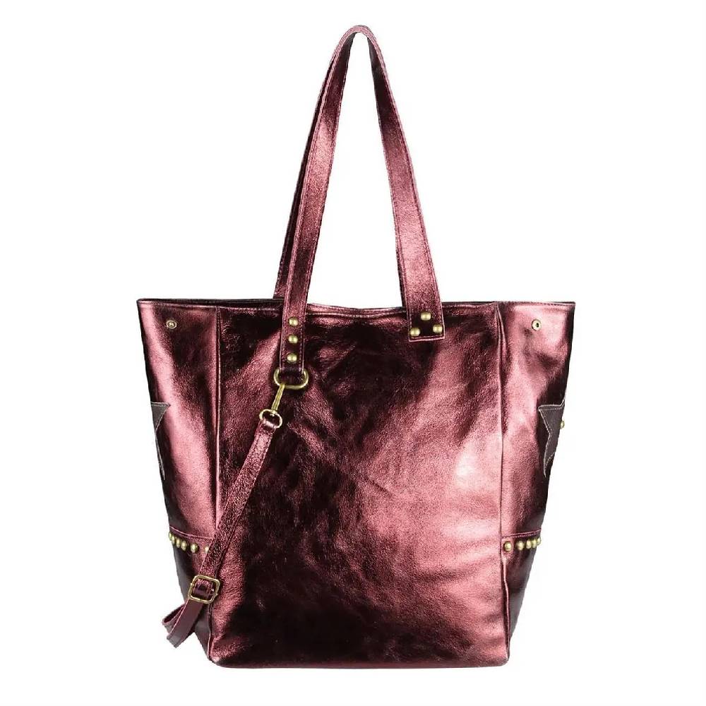 ITAL DAMEN Echt LEDER TASCHE Tote Bag Metallic Schultertasche DIN-A4 Shopper Handtasche Umhängetasche Crossbody Henkeltasche Beuteltasche Stern Nieten Begrenzte Freigabe