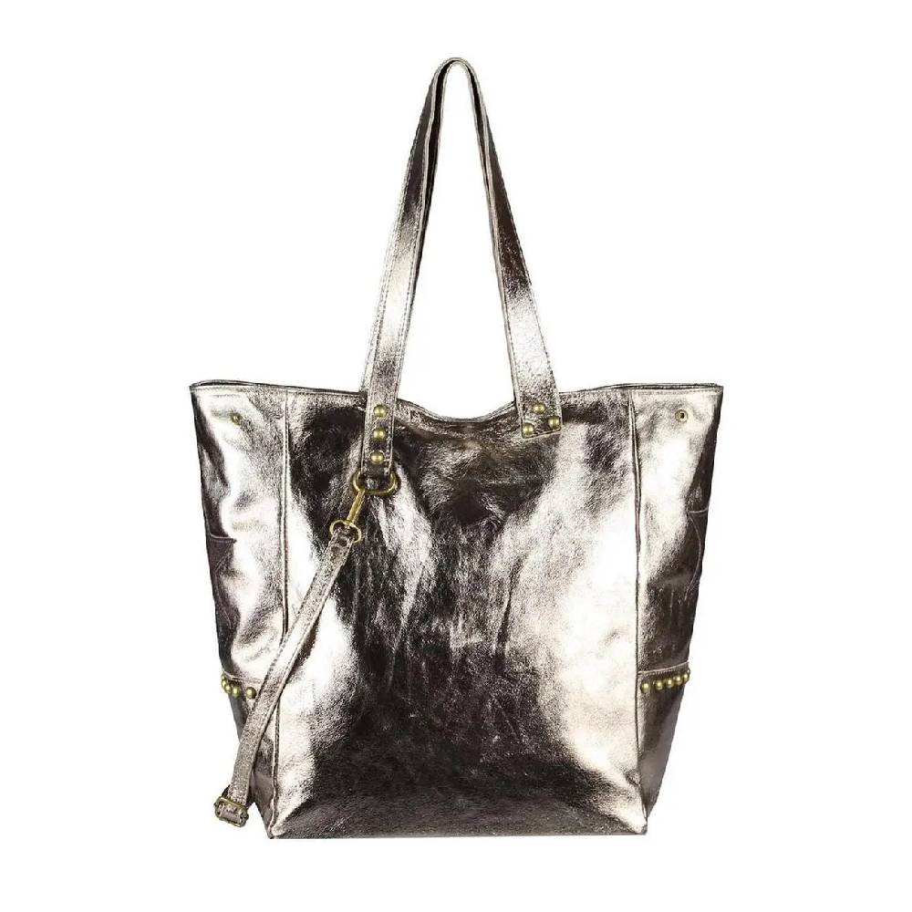 ITAL DAMEN Echt LEDER TASCHE Tote Bag Metallic Schultertasche DIN-A4 Shopper Handtasche Umhängetasche Crossbody Henkeltasche Beuteltasche Stern Nieten Begrenzte Freigabe