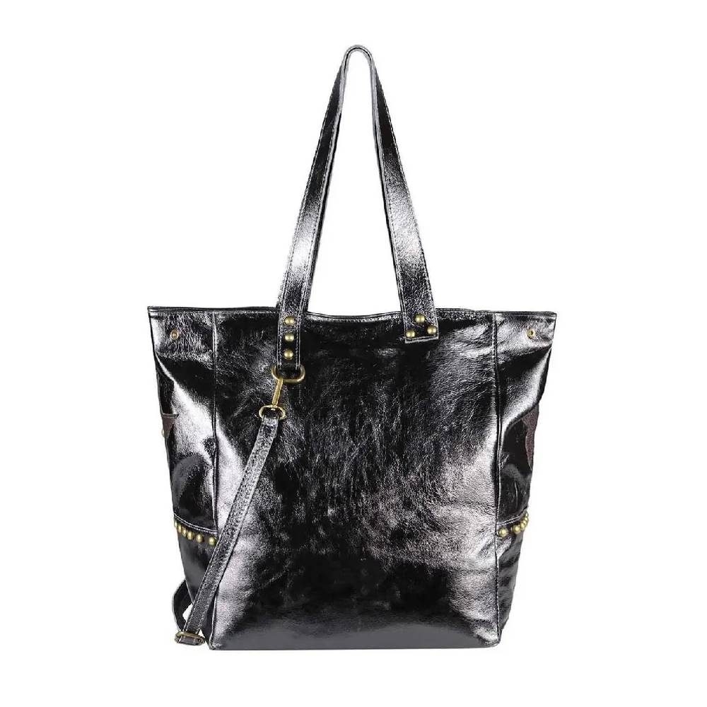 ITAL DAMEN Echt LEDER TASCHE Tote Bag Metallic Schultertasche DIN-A4 Shopper Handtasche Umhängetasche Crossbody Henkeltasche Beuteltasche Stern Nieten Begrenzte Freigabe