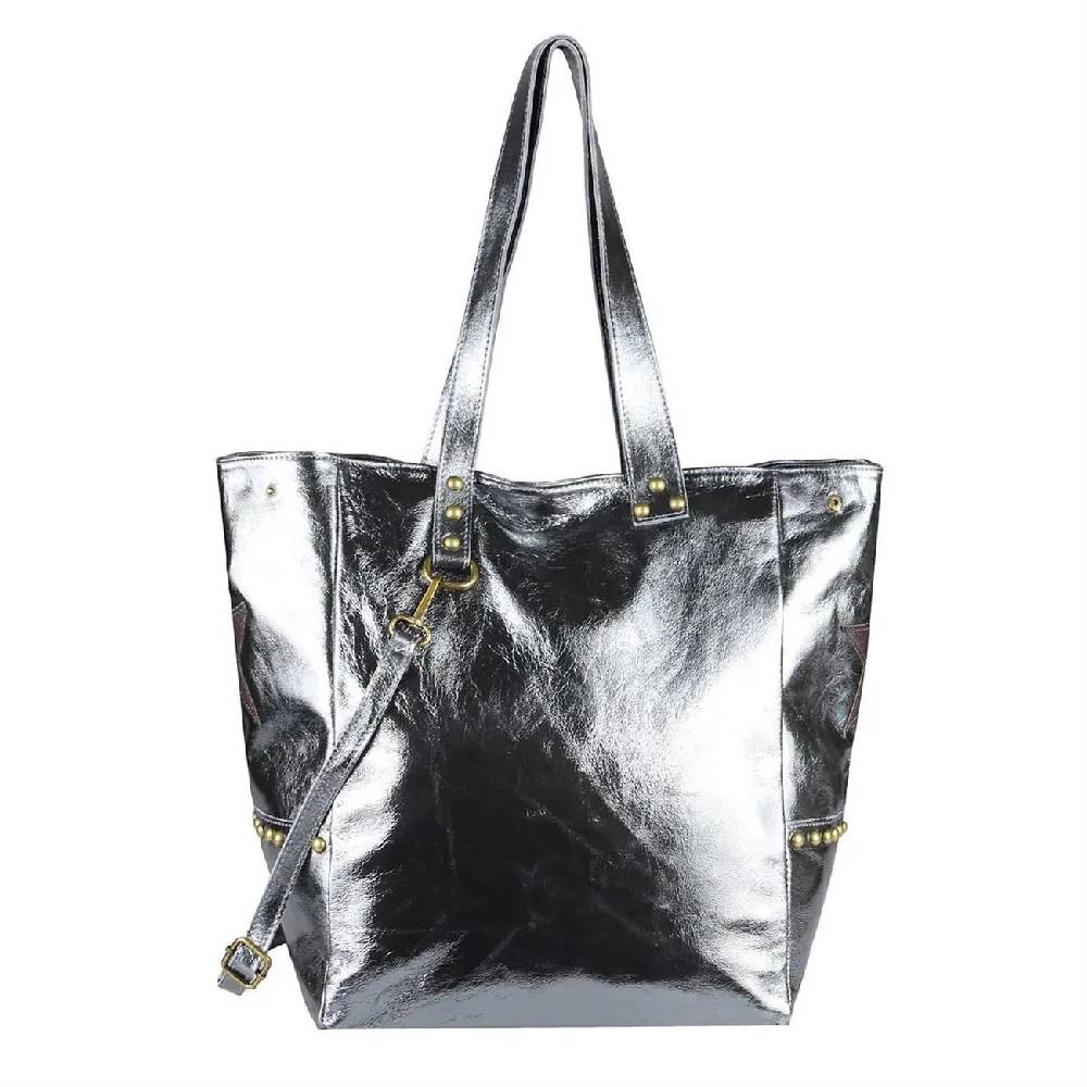 ITAL DAMEN Echt LEDER TASCHE Tote Bag Metallic Schultertasche DIN-A4 Shopper Handtasche Umhängetasche Crossbody Henkeltasche Beuteltasche Stern Nieten Begrenzte Freigabe