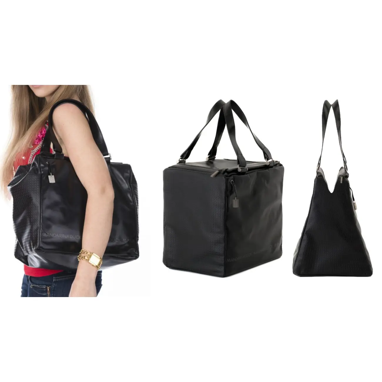 Mandarina Duck Desire Pelle Pferdeleder Koffer Handtasche Sporttasche Henkeltasche Reisetasche Tasche Bag Schwarz 30x29x22 cm (BxHxT) Neueste Stile