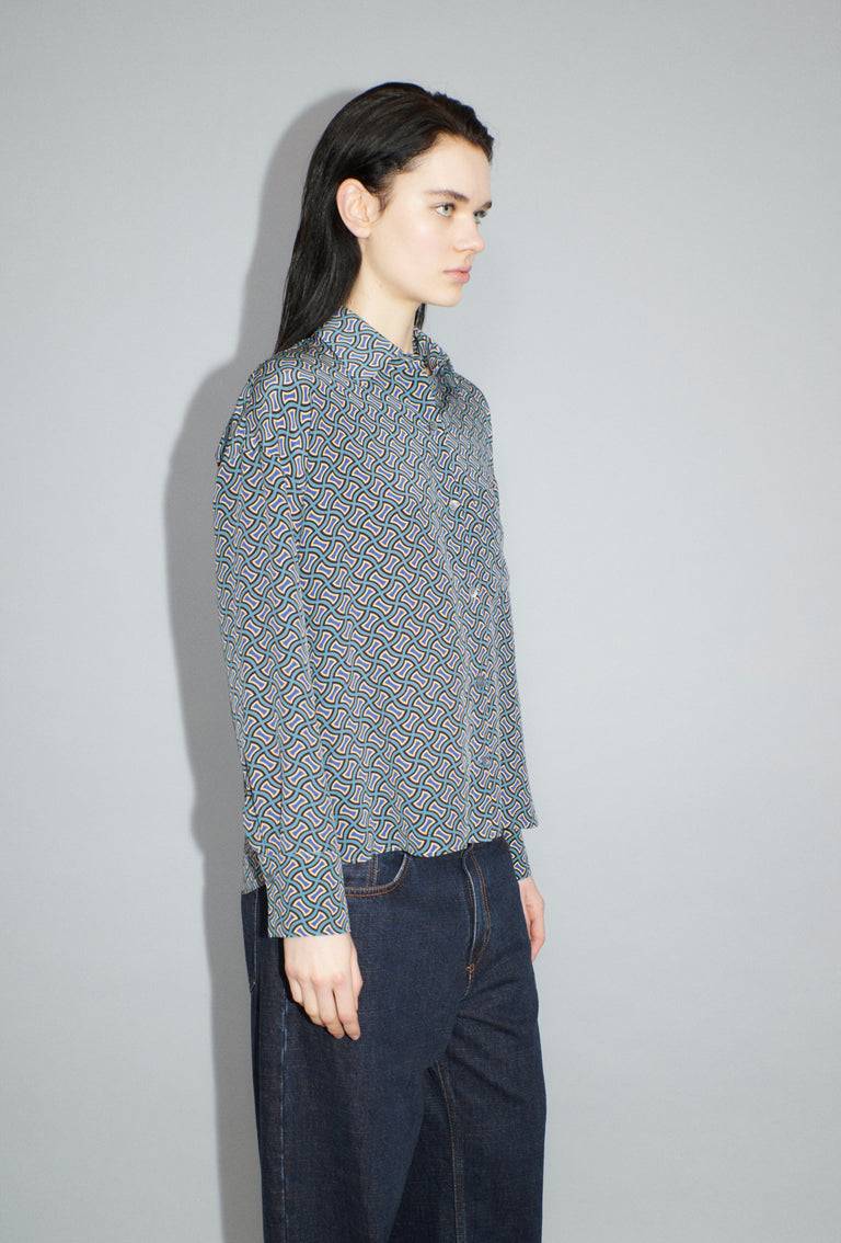 Odeeh Morphid Grid on Crepe de Chine Bluse, Lake Green Kostenloser Versand