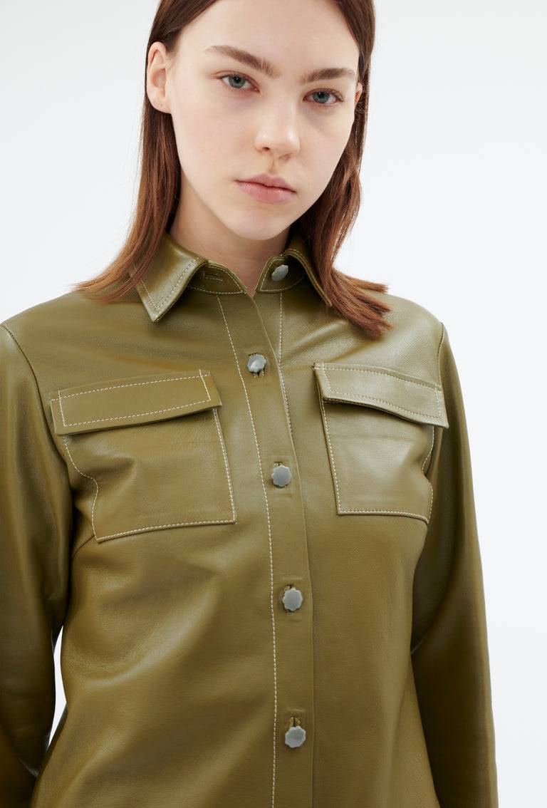 Odeeh Lamb Nappa Wet Look Bluse, Goldolive Kostenlose Rückgabe