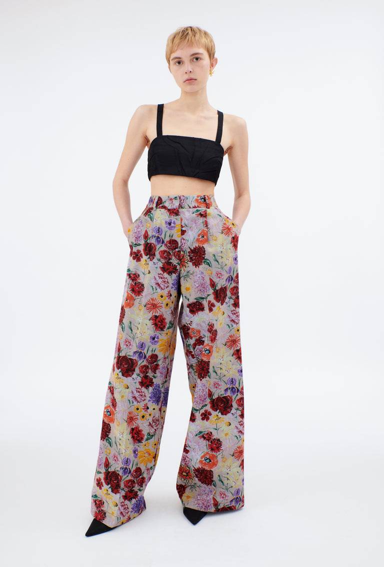 Odeeh Impressionist Flowers Cotton Denim Hose, Foggy Blue Outlet