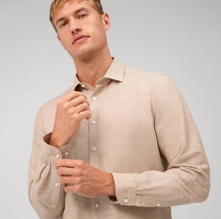 Oblymp Level Five garment washed, Businesshemd, body fit, Kent, Natur Fabrikverkauf