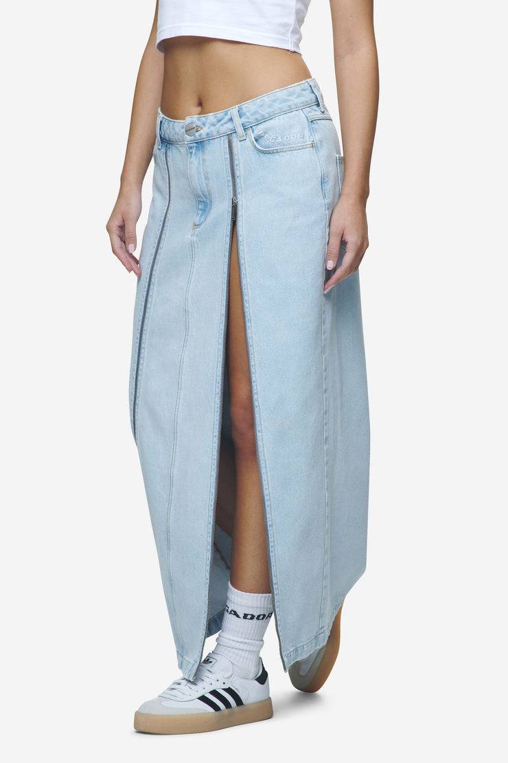 Pegador Aya Denim Midi Zip Skirt Washed Light Blue VIP-Rabatte