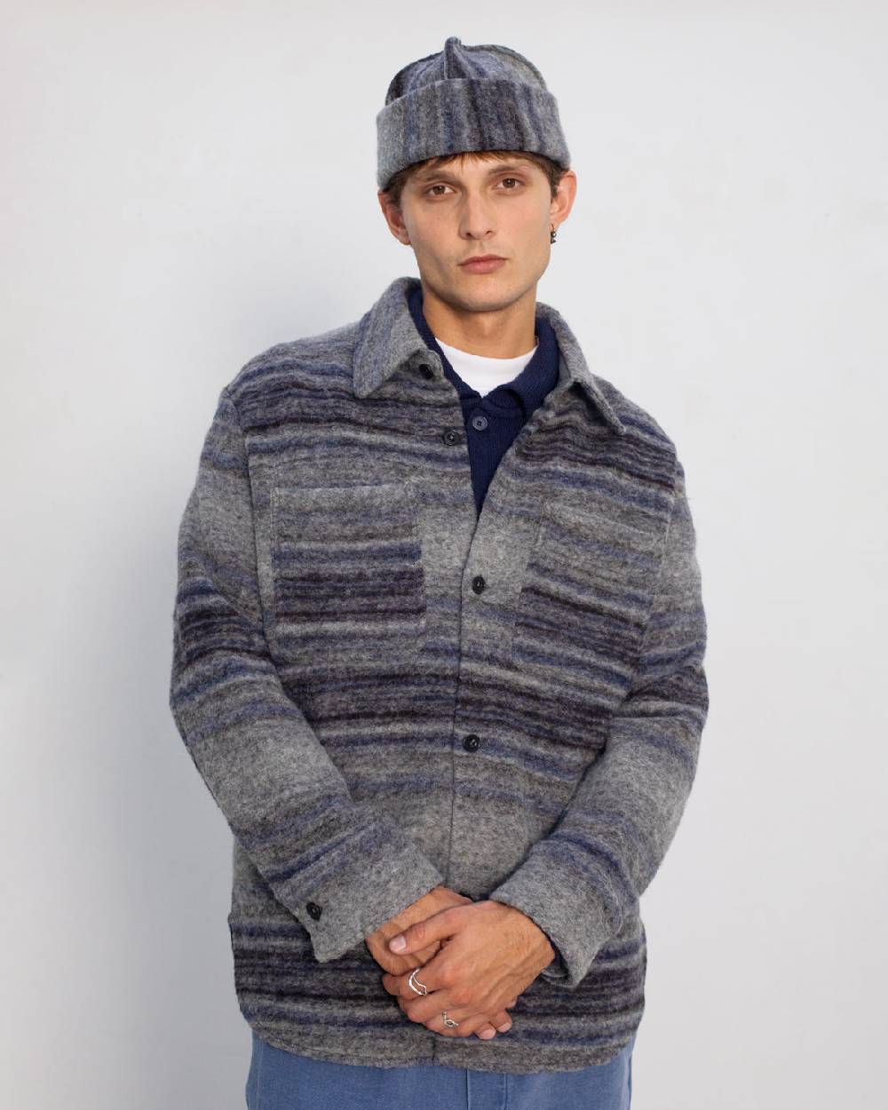 Rotholz Dickes Overshirt Bio Wollmischung - Grau Gestreift Bestseller