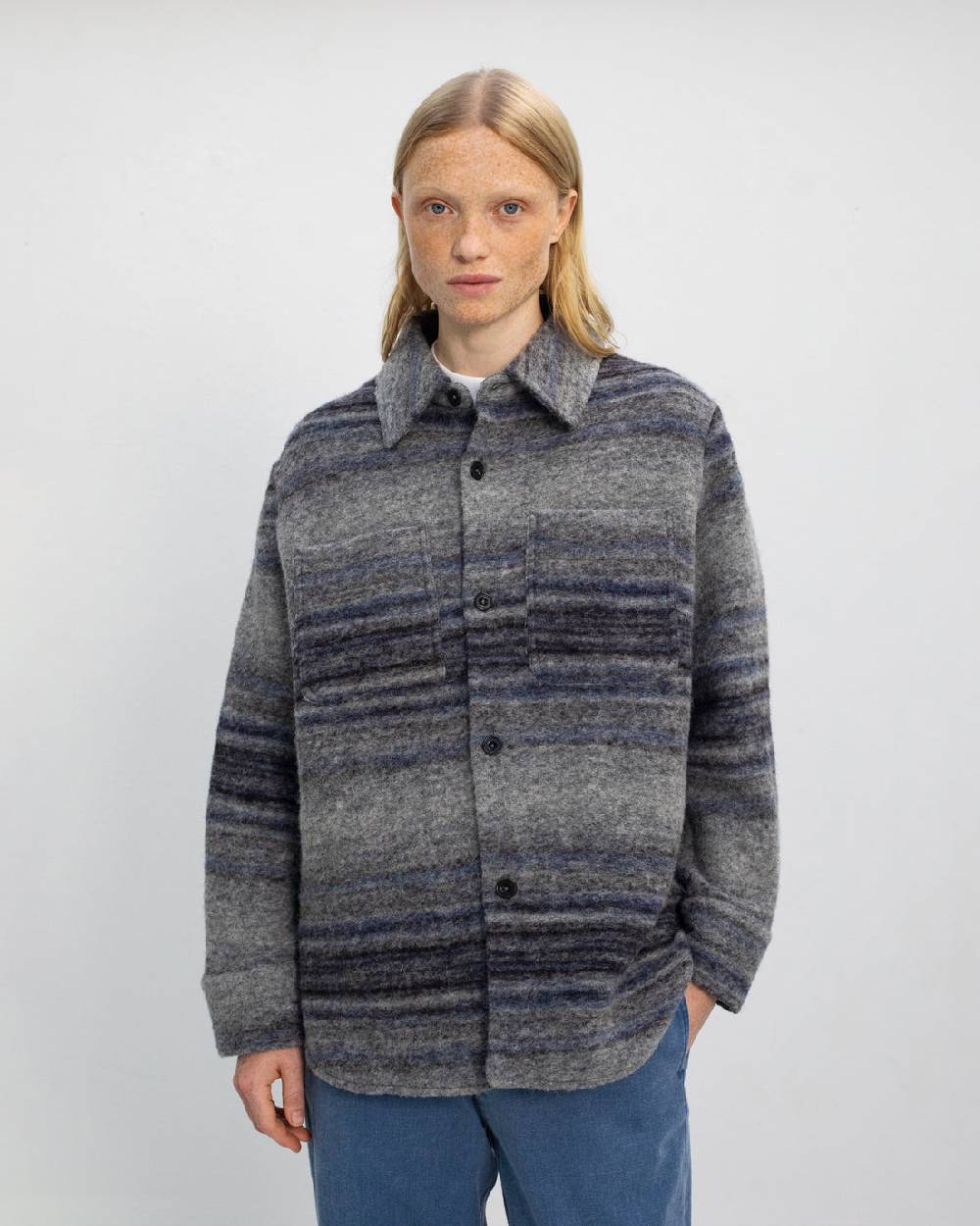 Rotholz Dickes Overshirt Bio Wollmischung - Grau Gestreift Exklusivangebot
