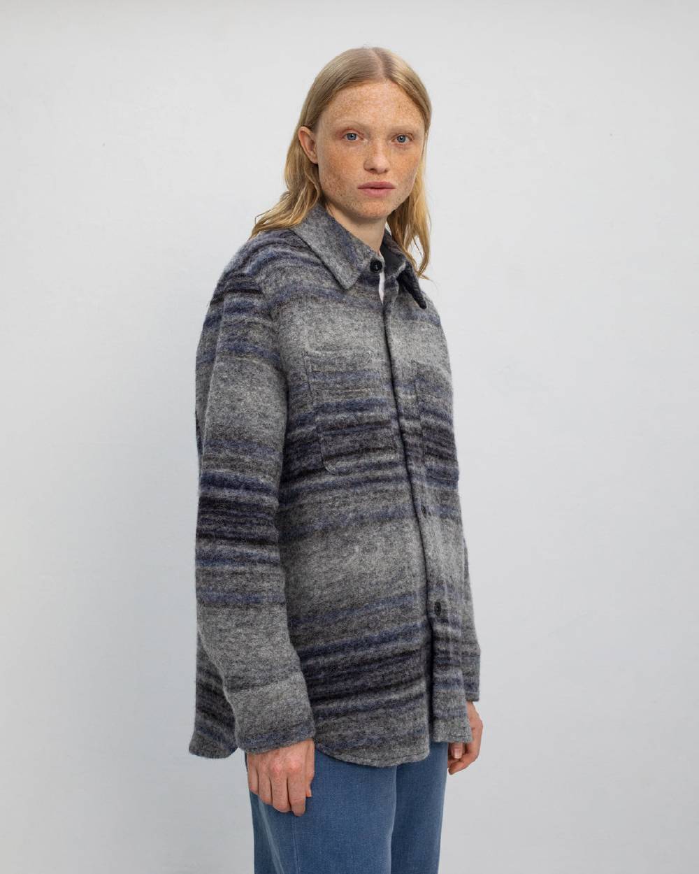 Rotholz Dickes Overshirt Bio Wollmischung - Grau Gestreift Exklusivangebot