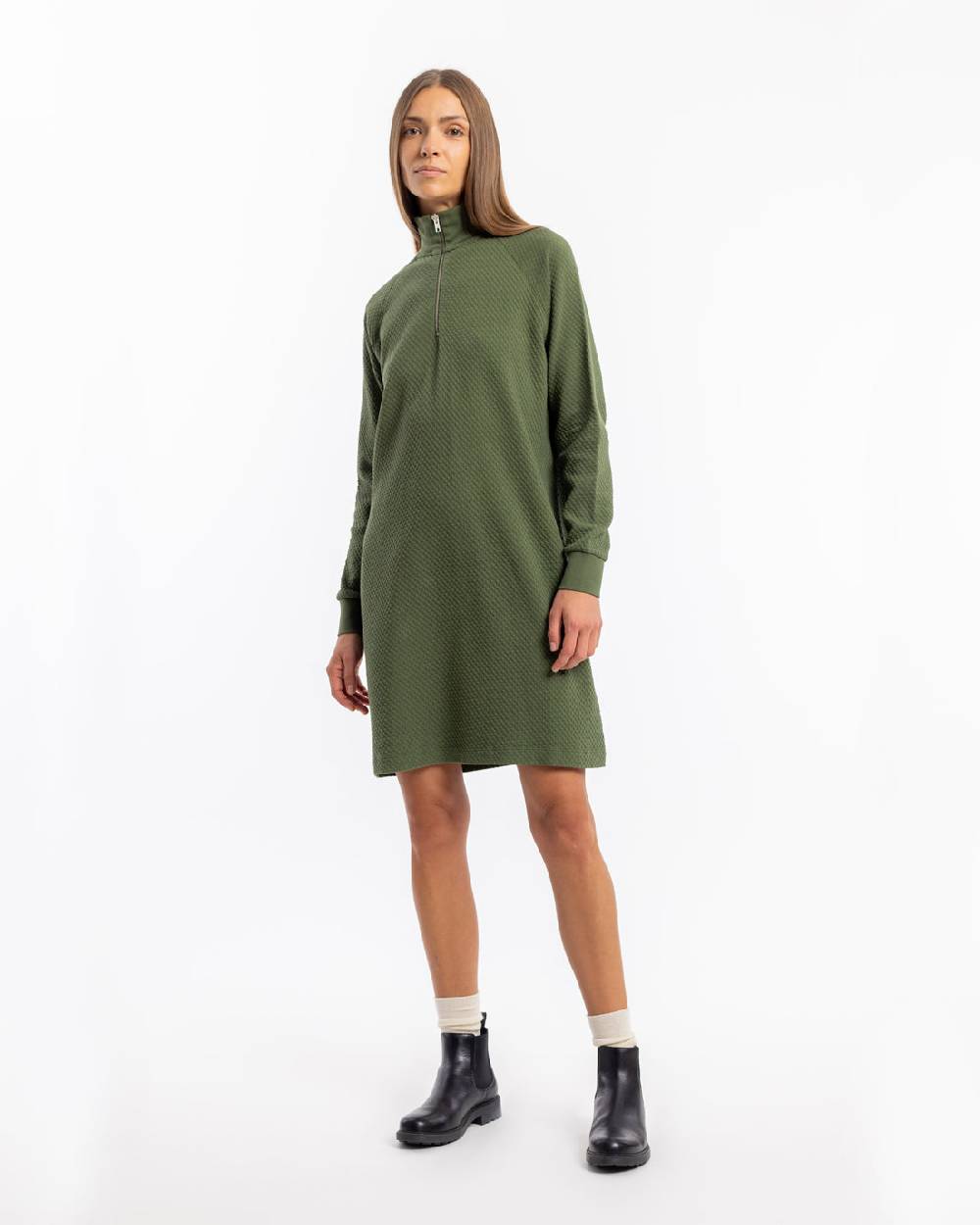 Rotholz Half Zip Sweat Kleid Bio Baumwolle - Grün Limitierter Zeitrabatt
