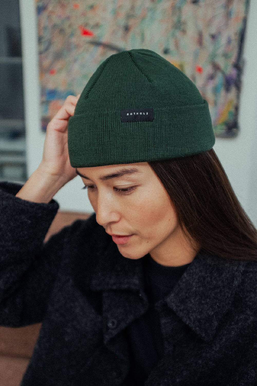 Rotholz Kurze Mütze Merino Fein - Olive Online Outlet
