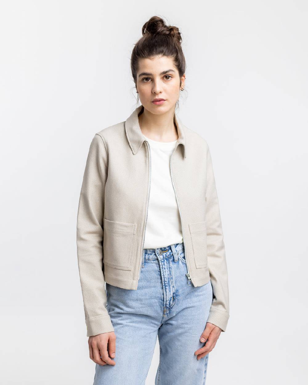 Rotholz Kurze Jacke aus Bio Canvas Beige Kariert Sonderangebot der Fabrik