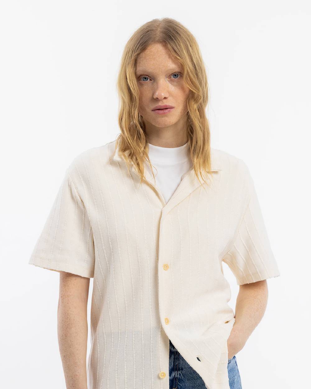 Rotholz Strick Bowling Shirt Bio Baumwolle - Creme Im Verkauf