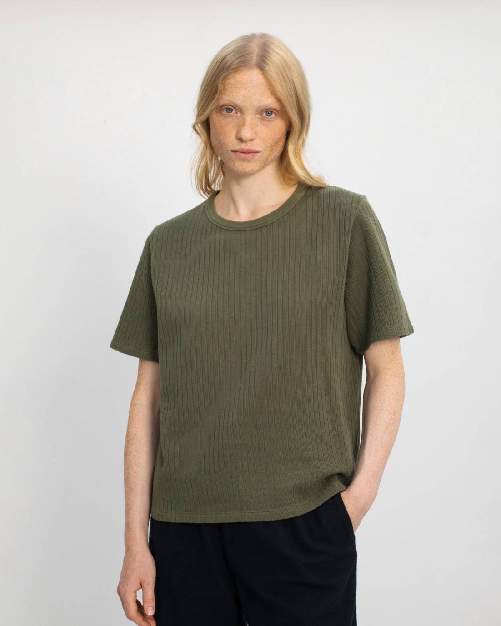 Rotholz Schweres Geripptes T-Shirt Bio Baumwolle - Grün Outlet