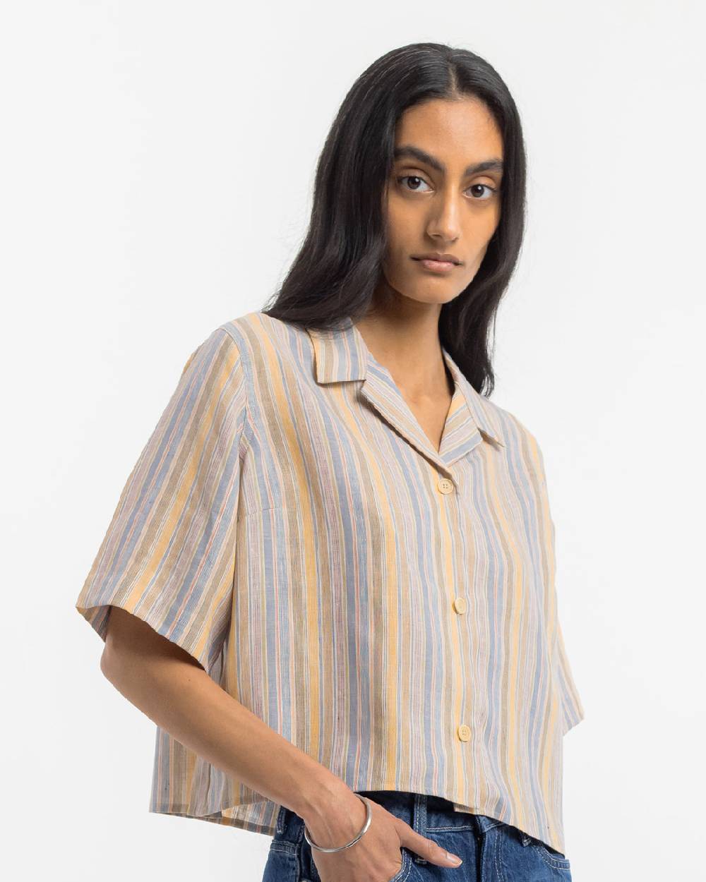 Rotholz Kurzes Bowling Shirt Leinen Mix - Gestreift Kostenloser Versand